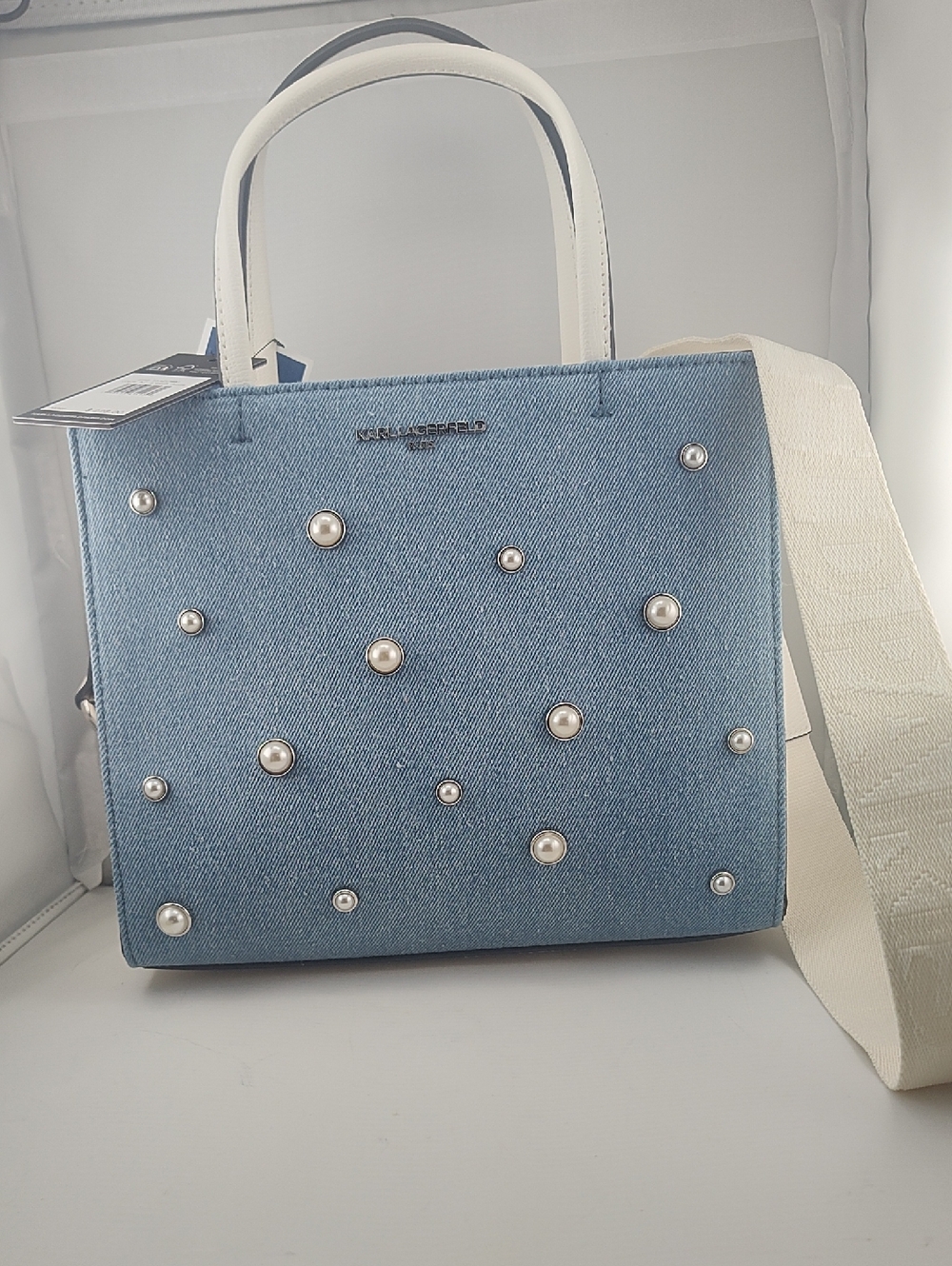 Karl Lagerfeld Pearl-Embellished Denim Tote Bag with Cream Handle NWT Retail 228